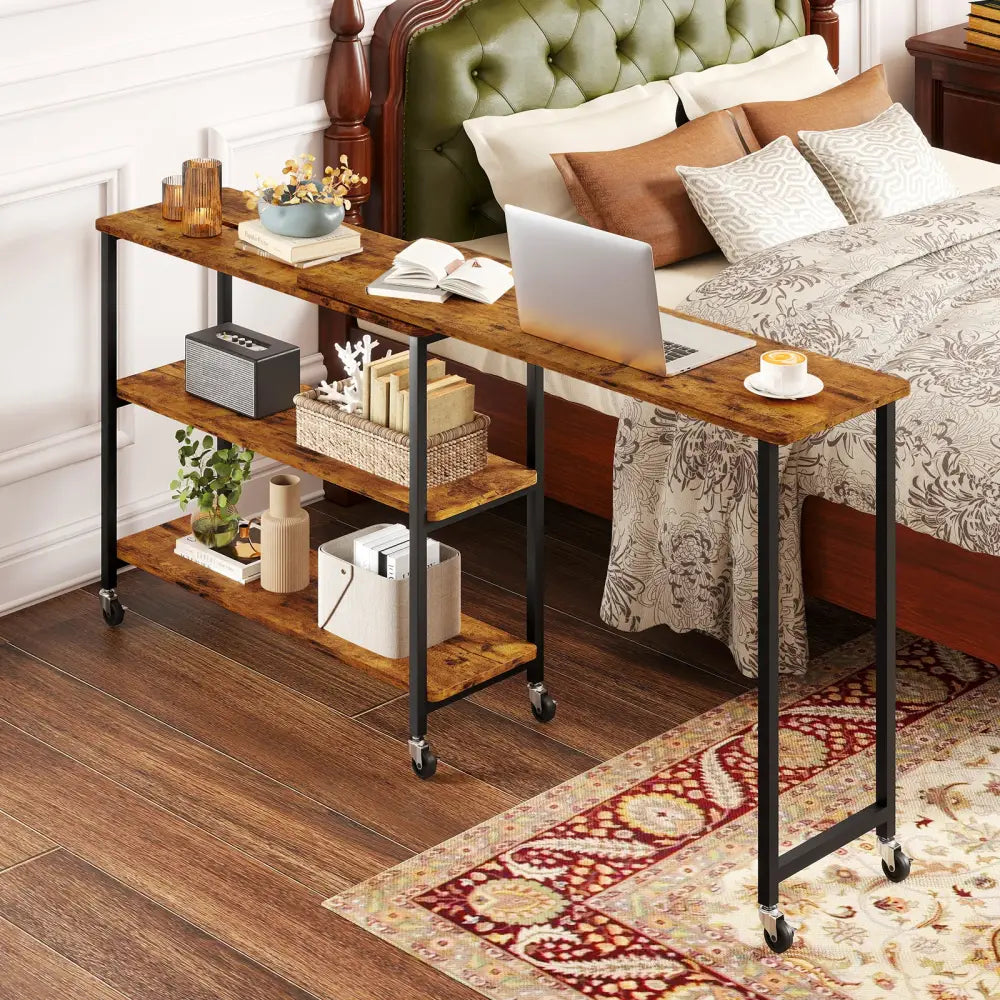 Patented Large 360-Degree Free Rotating Sofa Side Table with Wheels and Storage Shelf-Brown - Brown - End & Side Tables