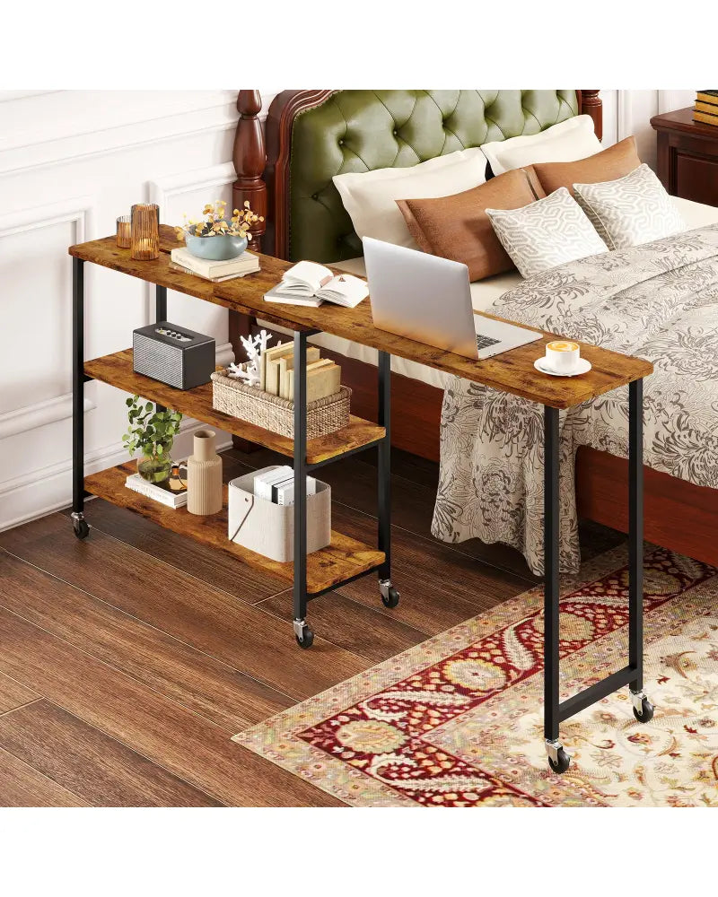 Patented Large 360-Degree Free Rotating Sofa Side Table with Wheels and Storage Shelf-Brown - Brown - End & Side Tables