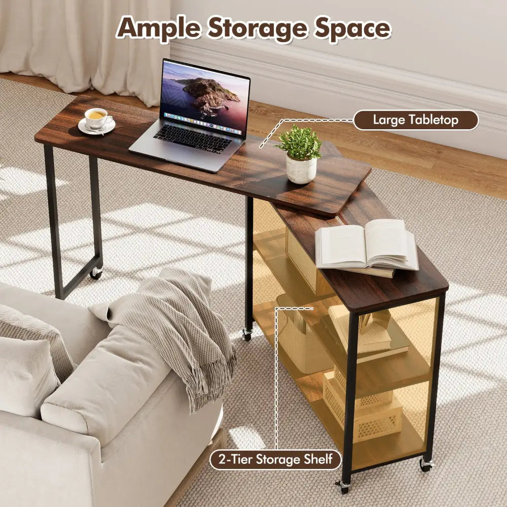 Patented Large 360-Degree Free Rotating Sofa Side Table with Wheels and Storage Shelf-Walnut - Walnut - End & Side