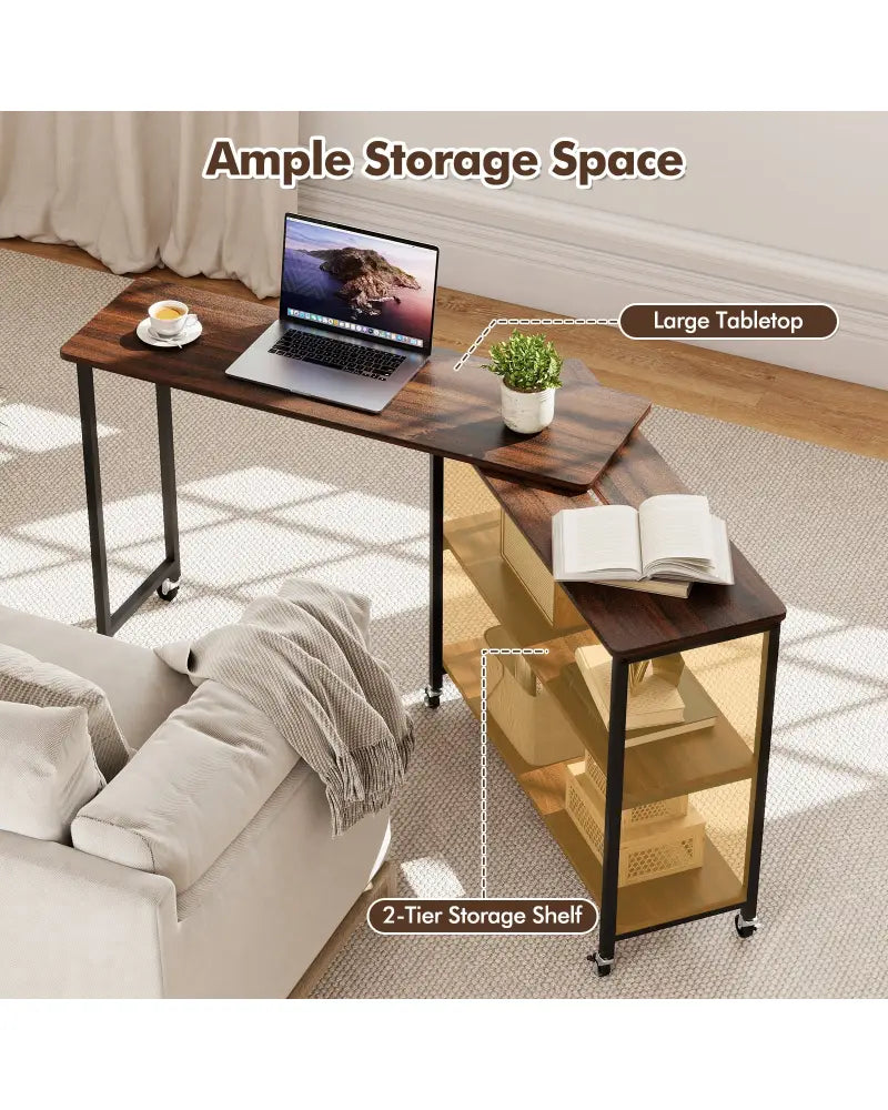 Patented Large 360-Degree Free Rotating Sofa Side Table with Wheels and Storage Shelf-Walnut - Walnut - End & Side