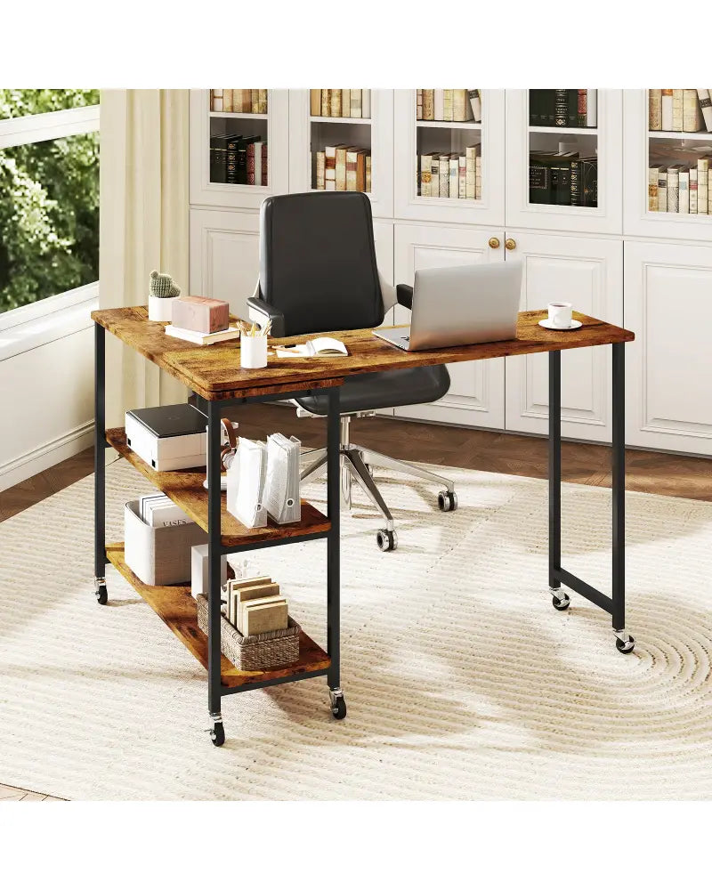 Patented Large 360-Degree Free Rotating Sofa Side Table with Wheels and Storage Shelf-Brown - Brown - End & Side Tables