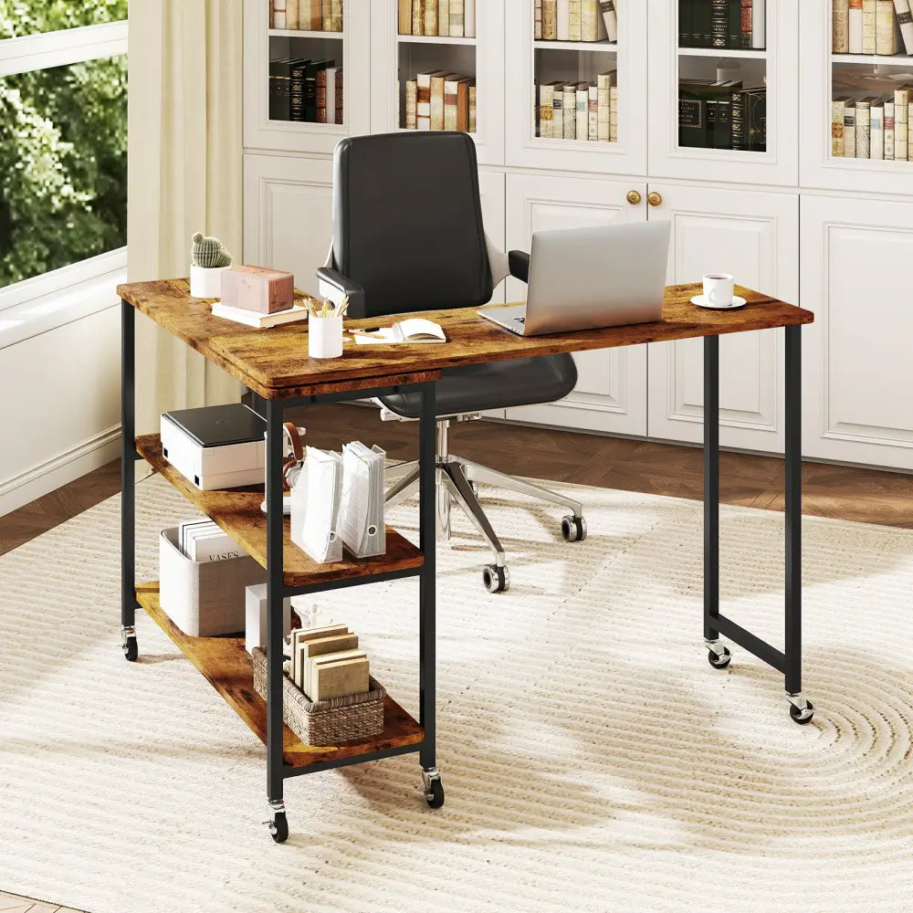 Patented Large 360-Degree Free Rotating Sofa Side Table with Wheels and Storage Shelf-Brown - Brown - End & Side Tables