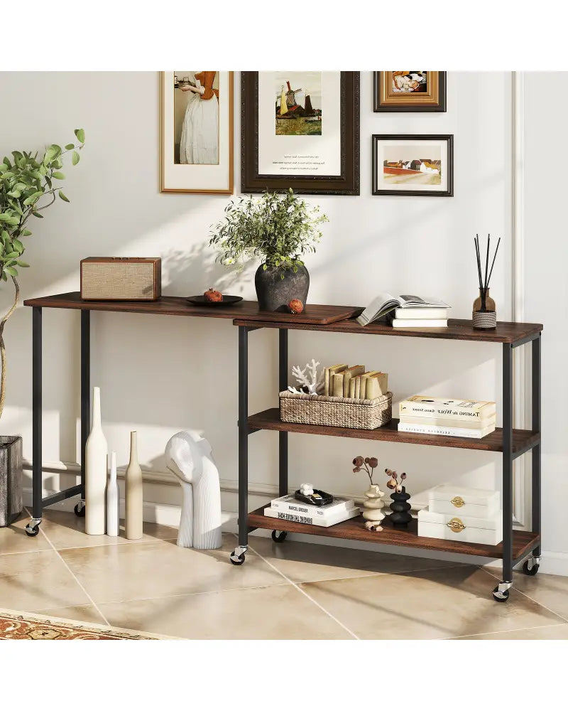 Patented Large 360-Degree Free Rotating Sofa Side Table with Wheels and Storage Shelf-Walnut - Walnut - End & Side