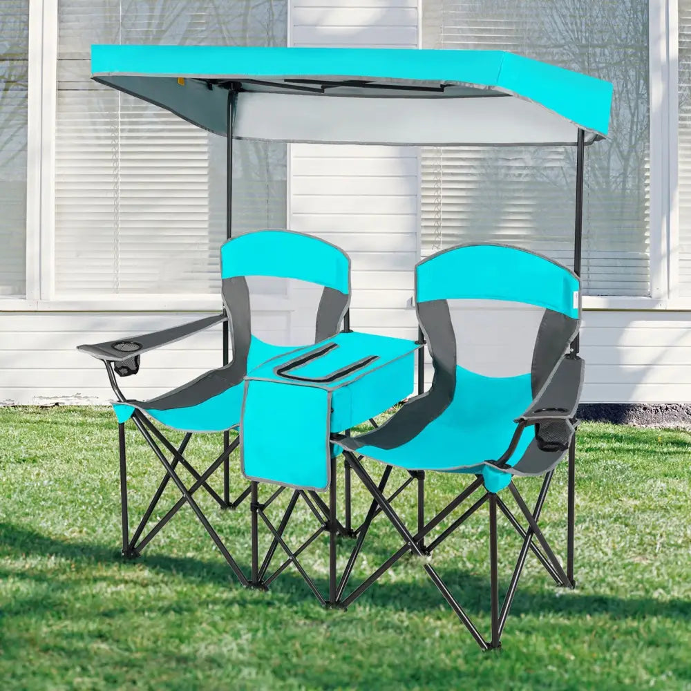 Patented Portable Folding Camping Canopy Chairs with Cup Holder-Turquoise - Turquoise - Camping Furniture
