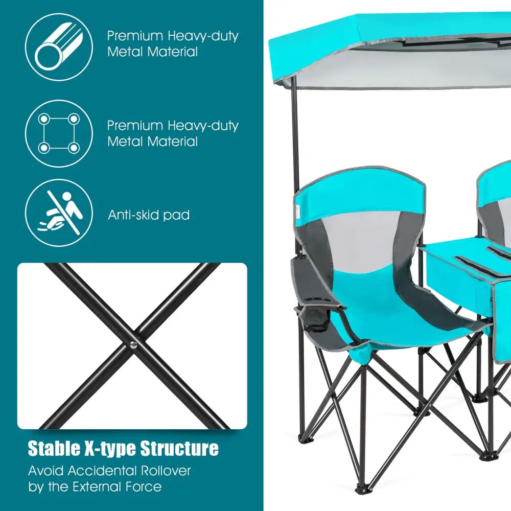 Patented Portable Folding Camping Canopy Chairs with Cup Holder-Turquoise - Turquoise - Camping Furniture