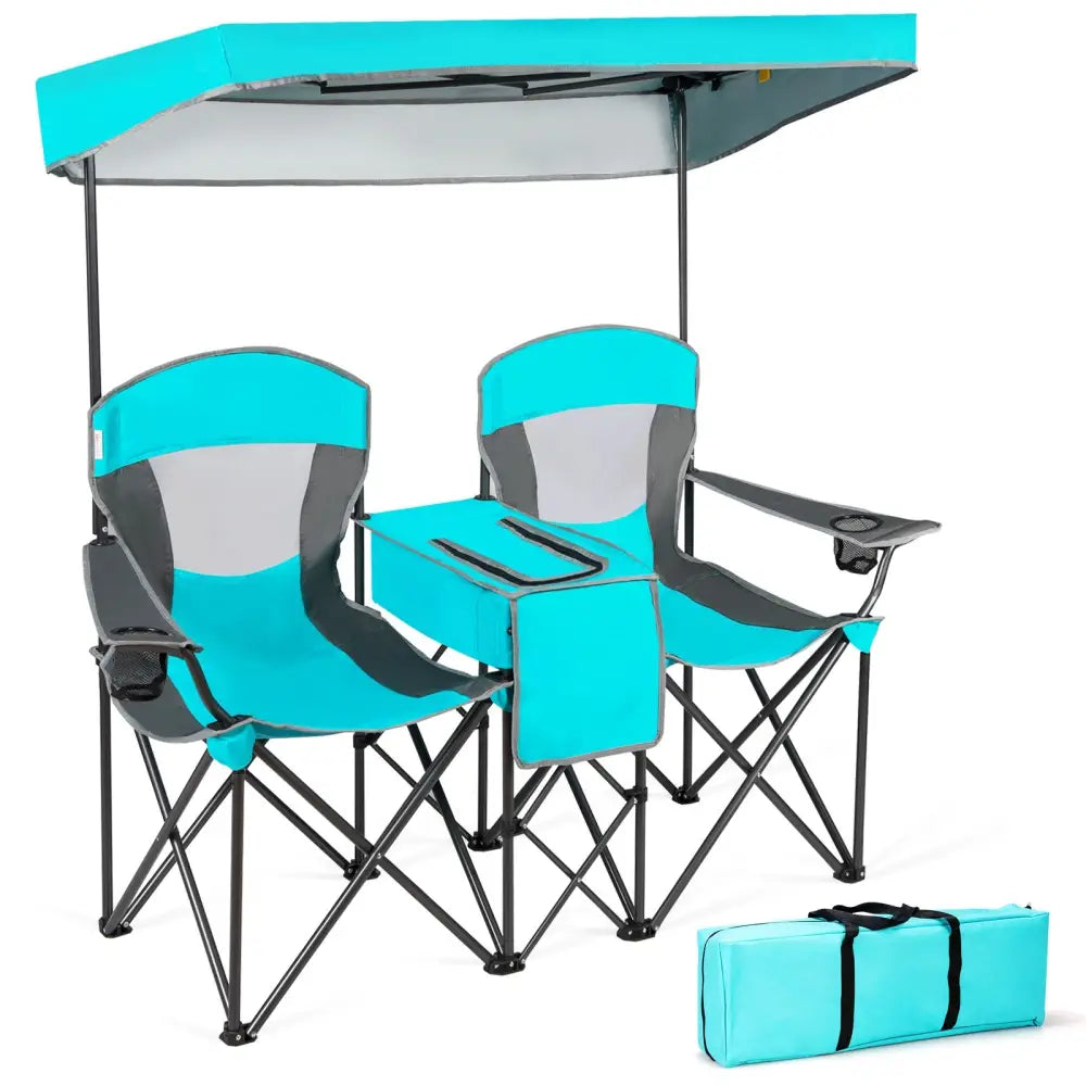 Patented Portable Folding Camping Canopy Chairs with Cup Holder-Turquoise - Turquoise - Camping Furniture