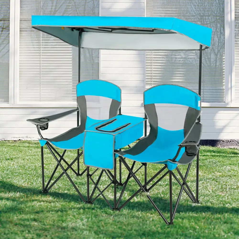 Patented Portable Folding Camping Canopy Chairs with Cup Holder-Blue - Blue - Camping Furniture