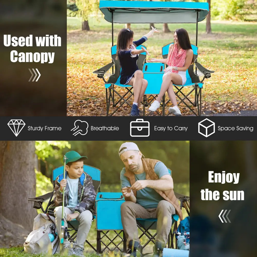 Patented Portable Folding Camping Canopy Chairs with Cup Holder-Blue - Blue - Camping Furniture
