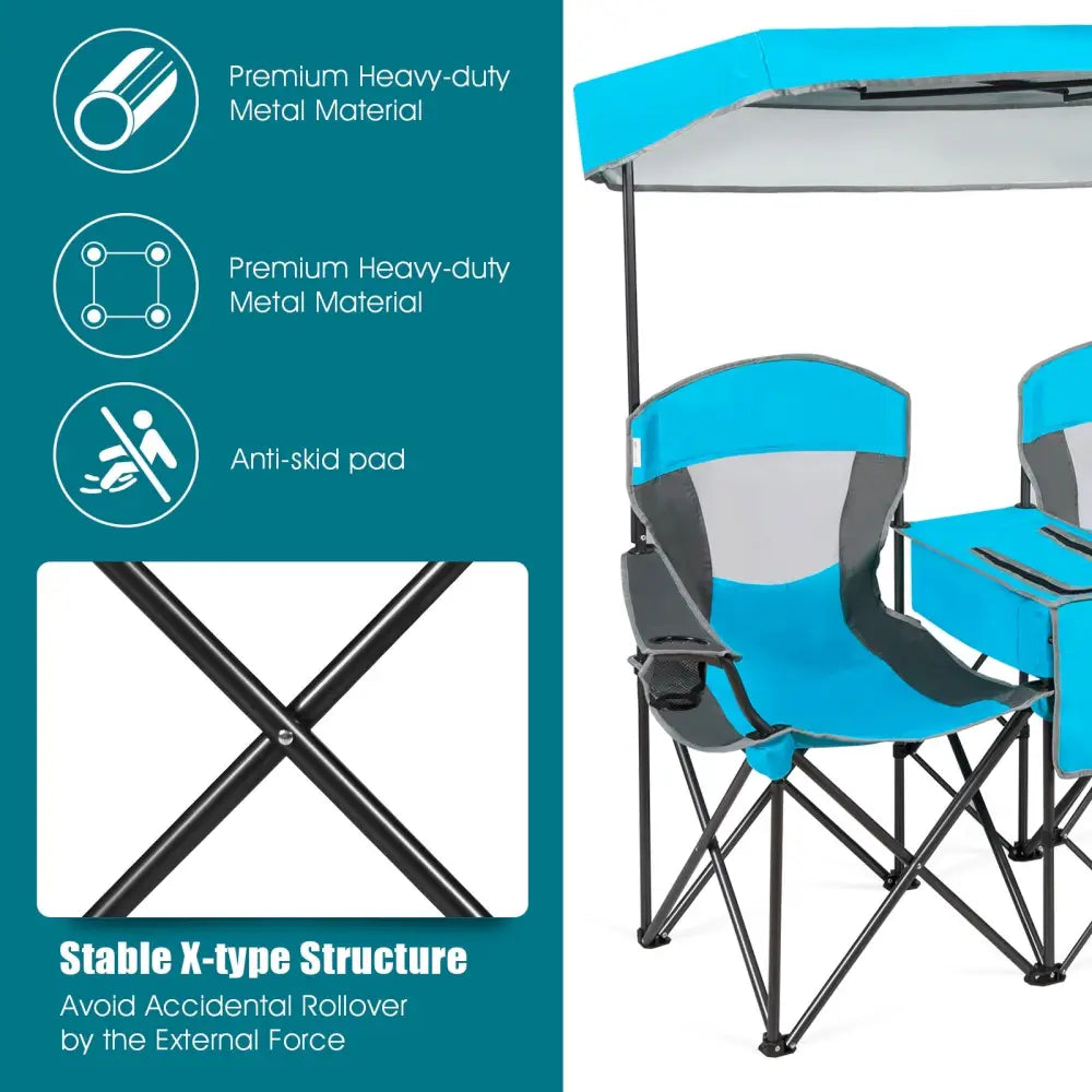 Patented Portable Folding Camping Canopy Chairs with Cup Holder-Blue - Blue - Camping Furniture