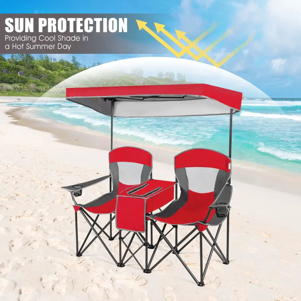 Patented Portable Folding Camping Canopy Chairs with Cup Holder-Red - Red - Camping Furniture