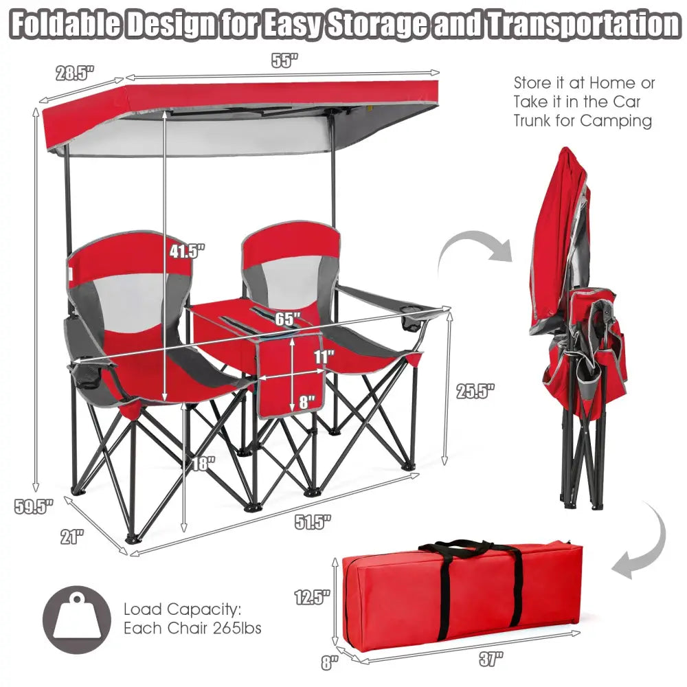 Patented Portable Folding Camping Canopy Chairs with Cup Holder-Red - Red - Camping Furniture
