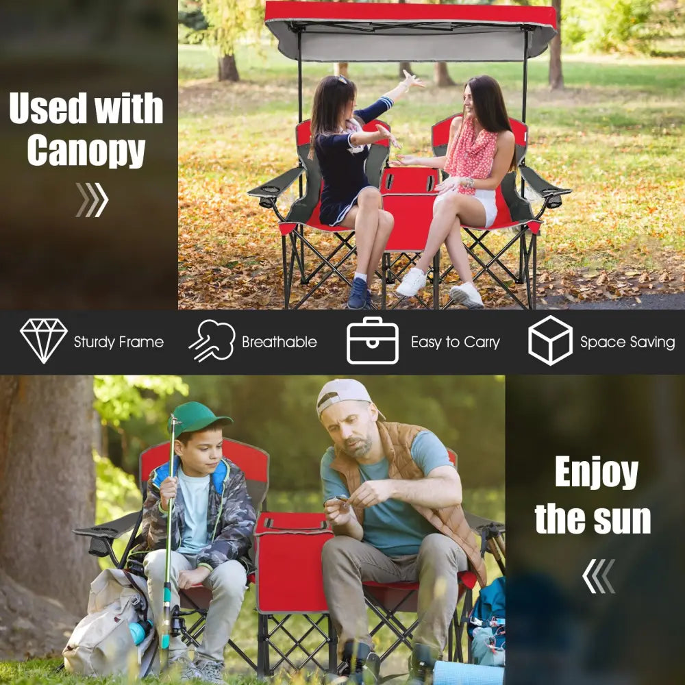 Patented Portable Folding Camping Canopy Chairs with Cup Holder-Red - Red - Camping Furniture