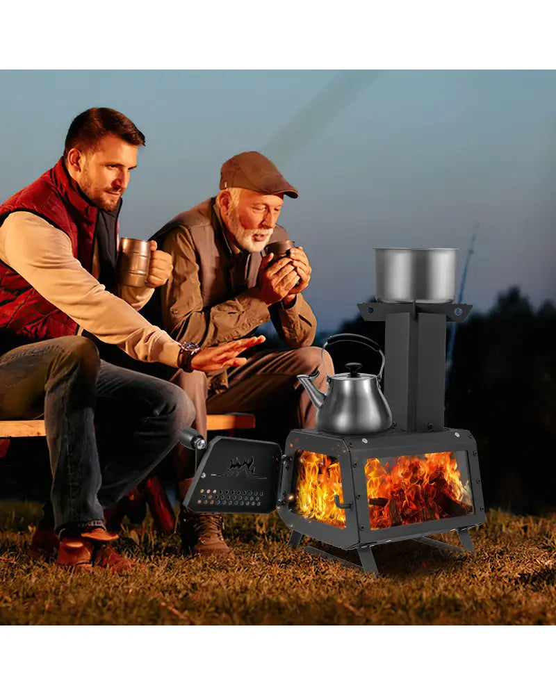 Patented Portable Wood Camping Burning Stove Heater with 2 Cooking Positions - Black - Fire Pits