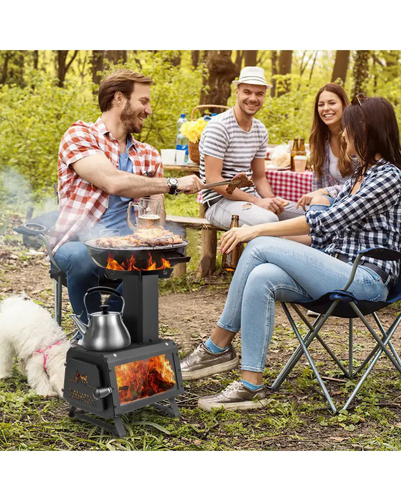 Patented Portable Wood Camping Burning Stove Heater with 2 Cooking Positions - Black - Fire Pits