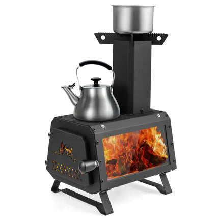 Patented Portable Wood Camping Burning Stove Heater with 2 Cooking Positions - Black - Fire Pits