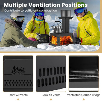Patented Portable Wood Camping Burning Stove Heater with 2 Cooking Positions - Black - Fire Pits