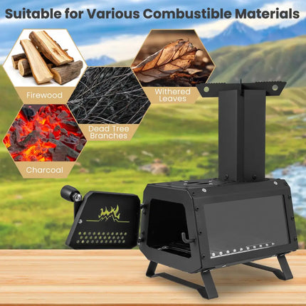 Patented Portable Wood Camping Burning Stove Heater with 2 Cooking Positions - Black - Fire Pits