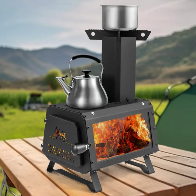 Patented Portable Wood Camping Burning Stove Heater with 2 Cooking Positions - Black - Fire Pits