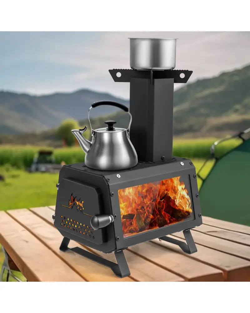 Patented Portable Wood Camping Burning Stove Heater with 2 Cooking Positions - Black - Fire Pits