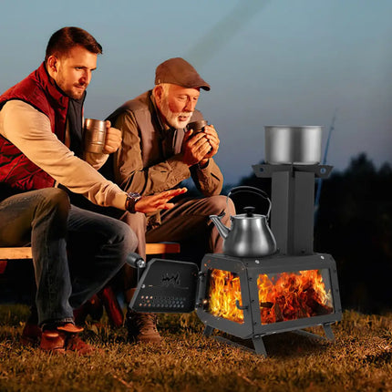 Patented Portable Wood Camping Burning Stove Heater with 2 Cooking Positions - Black - Fire Pits