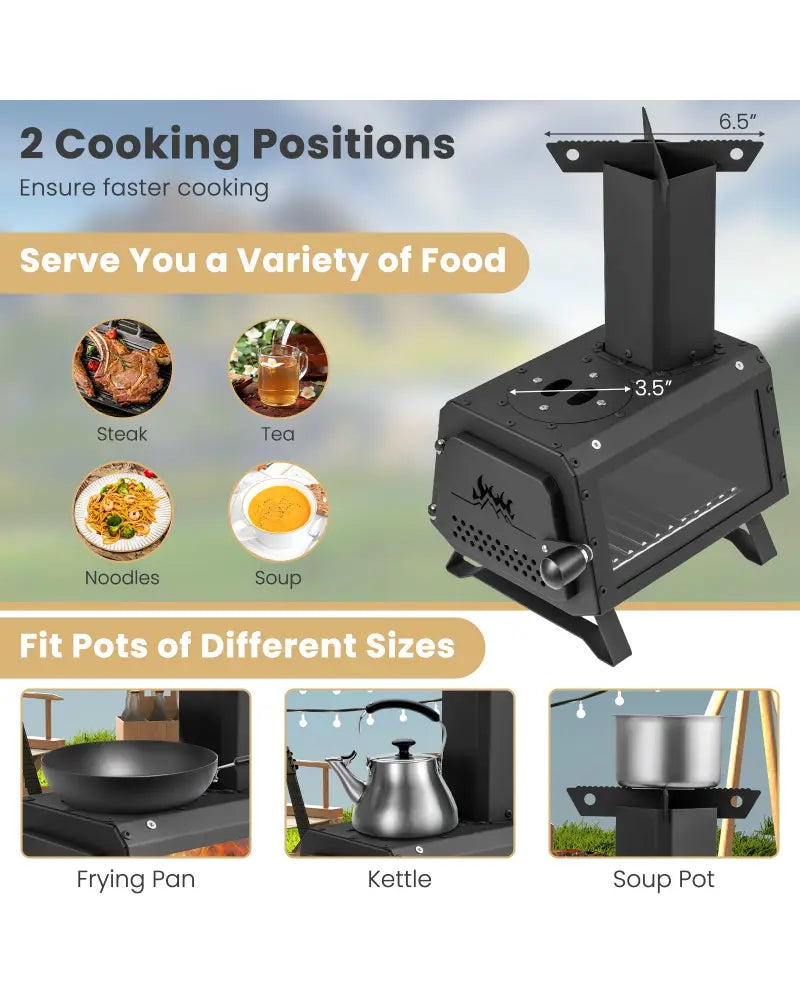 Patented Portable Wood Camping Burning Stove Heater with 2 Cooking Positions - Black - Fire Pits