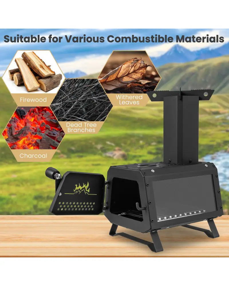 Patented Portable Wood Camping Burning Stove Heater with 2 Cooking Positions - Black - Fire Pits