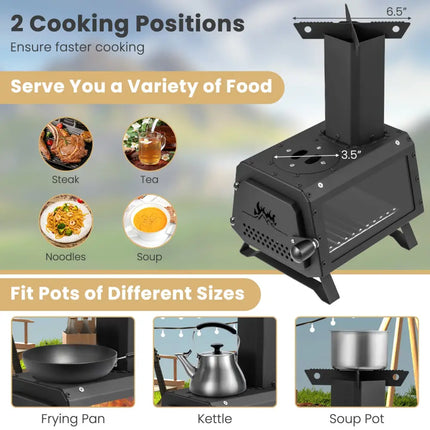 Patented Portable Wood Camping Burning Stove Heater with 2 Cooking Positions - Black - Fire Pits