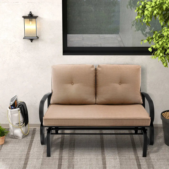 Patio 2-Person Glider Bench Rocking Loveseat Cushioned Armrest-Beige - Beige - Patio Rocking Chairs & Gliders