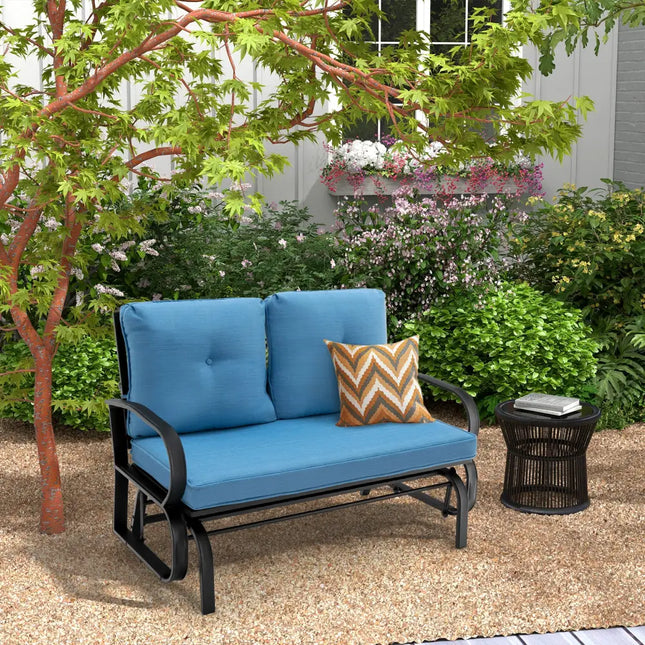 Patio 2-Person Glider Bench Rocking Loveseat Cushioned Armrest-Blue - Blue - Patio Rocking Chairs & Gliders