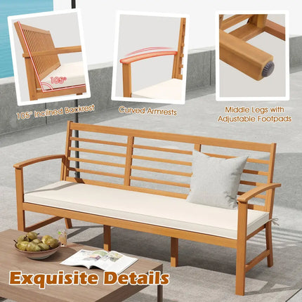 Patio 64 Inch Wood Bench with Seat Cushion and Slatted Seat for Backyard-Off White - Off White - Beach & Lawn Chairs