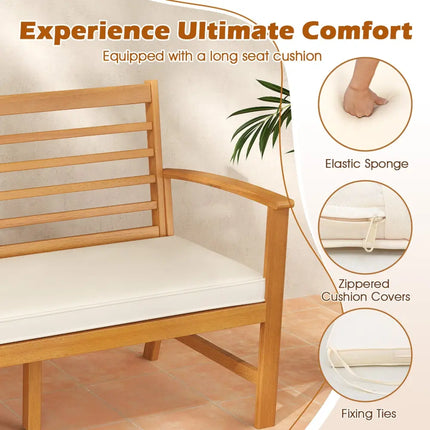 Patio 64 Inch Wood Bench with Seat Cushion and Slatted Seat for Backyard-Off White - Off White - Beach & Lawn Chairs