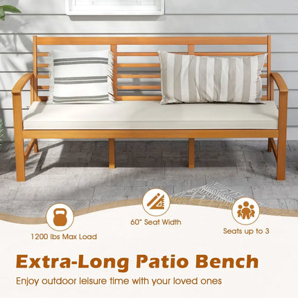 Patio 64 Inch Wood Bench with Seat Cushion and Slatted Seat for Backyard-Off White - Off White - Beach & Lawn Chairs