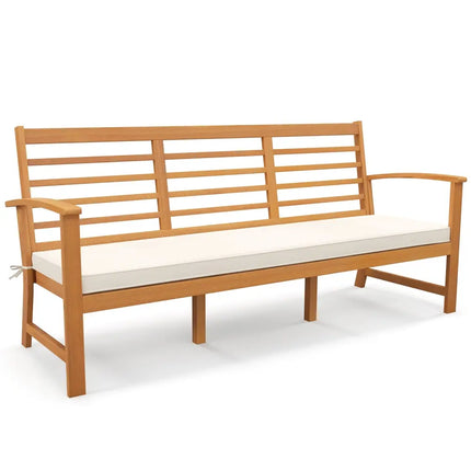 Patio 64 Inch Wood Bench with Seat Cushion and Slatted Seat for Backyard-Off White - Off White - Beach & Lawn Chairs