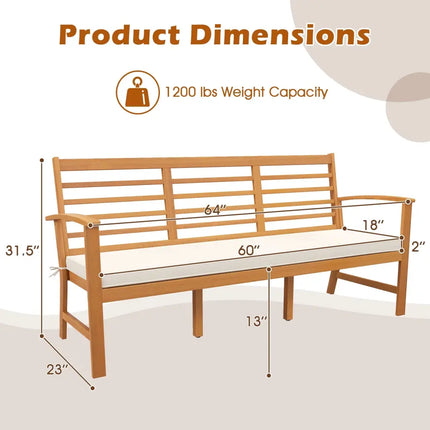Patio 64 Inch Wood Bench with Seat Cushion and Slatted Seat for Backyard-Off White - Off White - Beach & Lawn Chairs