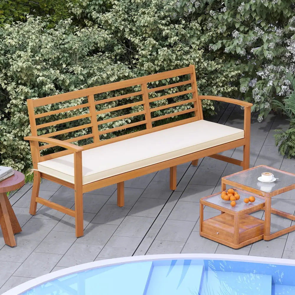 Patio 64 Inch Wood Bench with Seat Cushion and Slatted Seat for Backyard-Off White - Off White - Beach & Lawn Chairs