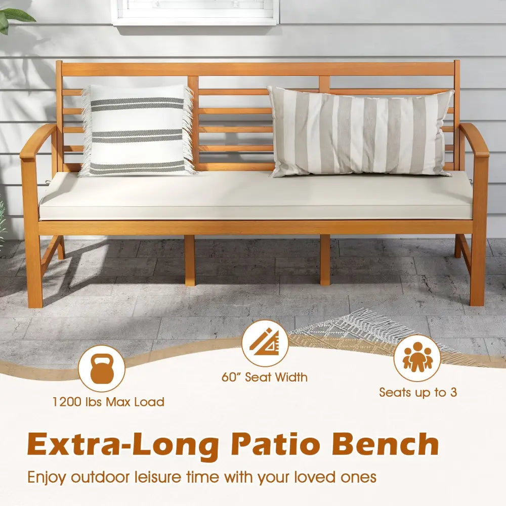 Patio 64 Inch Wood Bench with Seat Cushion and Slatted Seat for Backyard-Off White - Off White - Beach & Lawn Chairs