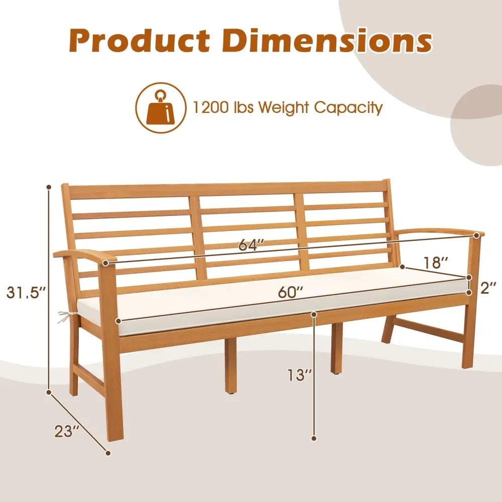 Patio 64 Inch Wood Bench with Seat Cushion and Slatted Seat for Backyard-Off White - Off White - Beach & Lawn Chairs