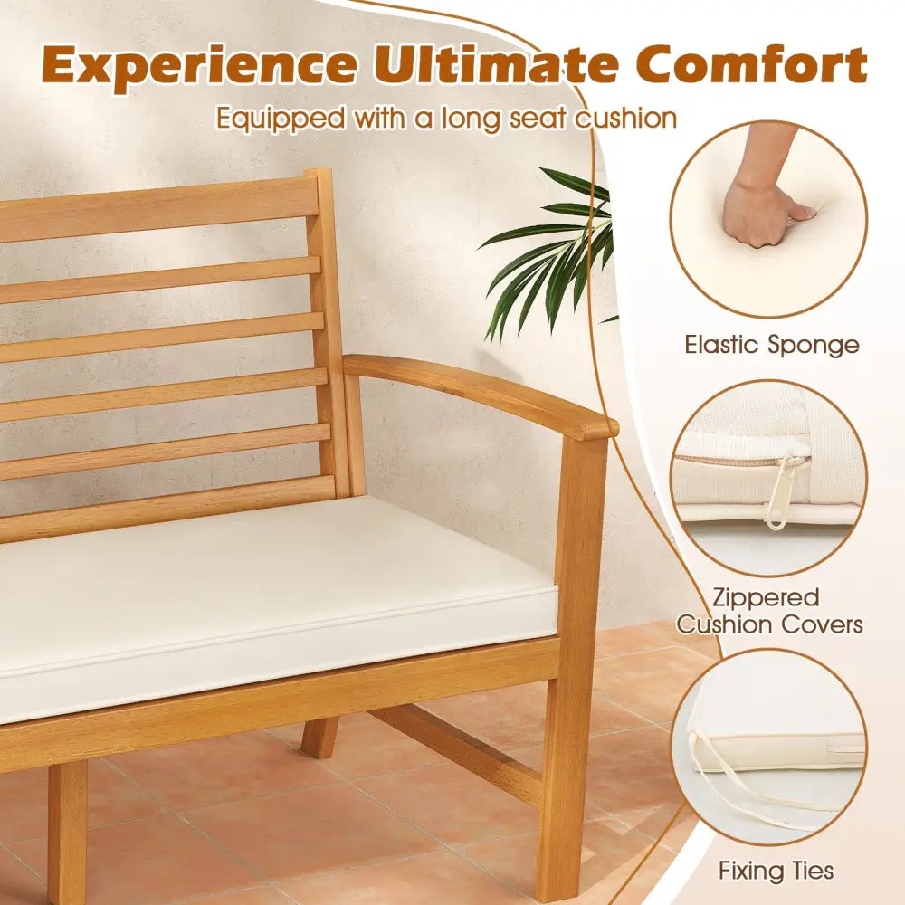 Patio 64 Inch Wood Bench with Seat Cushion and Slatted Seat for Backyard-Off White - Off White - Beach & Lawn Chairs
