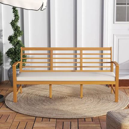 Patio 64 Inch Wood Bench with Seat Cushion and Slatted Seat for Backyard-Off White - Off White - Beach & Lawn Chairs