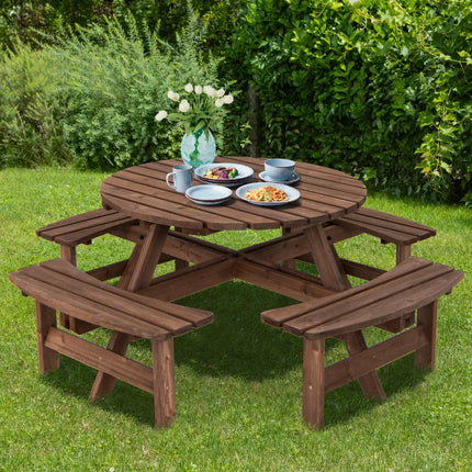 Patio 8 Seat Wood Picnic Dining Seat Bench Set - Brown - Picnic Tables