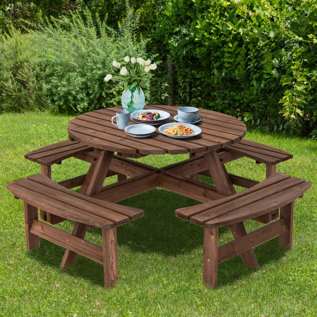 Patio 8 Seat Wood Picnic Dining Seat Bench Set - Brown - Picnic Tables