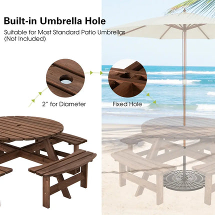 Patio 8 Seat Wood Picnic Dining Seat Bench Set - Brown - Picnic Tables