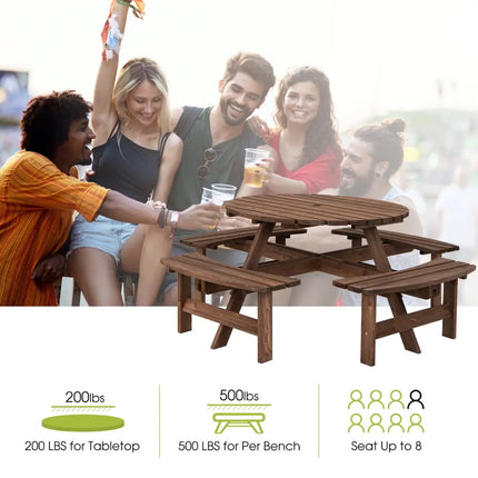 Patio 8 Seat Wood Picnic Dining Seat Bench Set - Brown - Picnic Tables