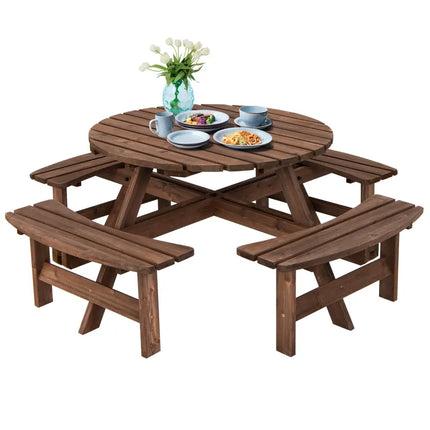 Patio 8 Seat Wood Picnic Dining Seat Bench Set - Brown - Picnic Tables