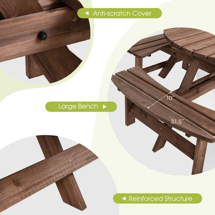 Patio 8 Seat Wood Picnic Dining Seat Bench Set - Brown - Picnic Tables