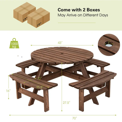 Patio 8 Seat Wood Picnic Dining Seat Bench Set - Brown - Picnic Tables