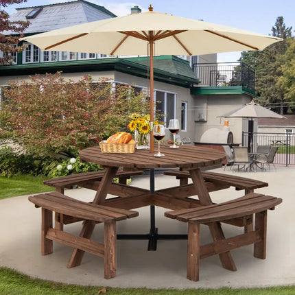 Patio 8 Seat Wood Picnic Dining Seat Bench Set - Brown - Picnic Tables