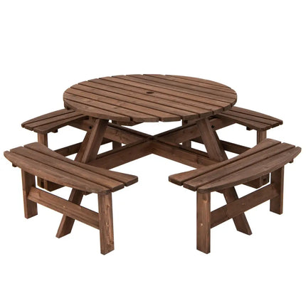 Patio 8 Seat Wood Picnic Dining Seat Bench Set - Brown - Picnic Tables
