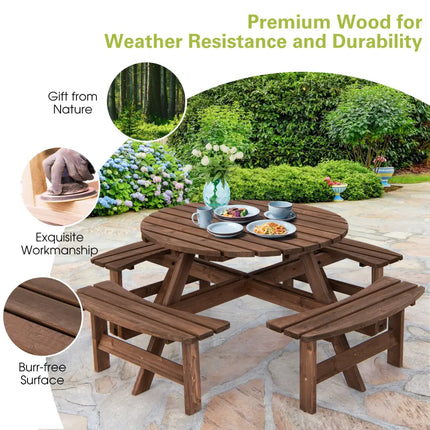 Patio 8 Seat Wood Picnic Dining Seat Bench Set - Brown - Picnic Tables