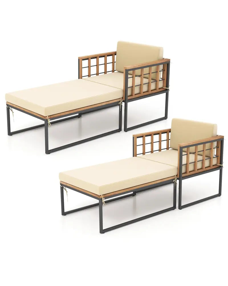 Patio Acacia Wood Armchair with Long Ottoman and Seat Back Cushions - Outdoor Chaise Lounges